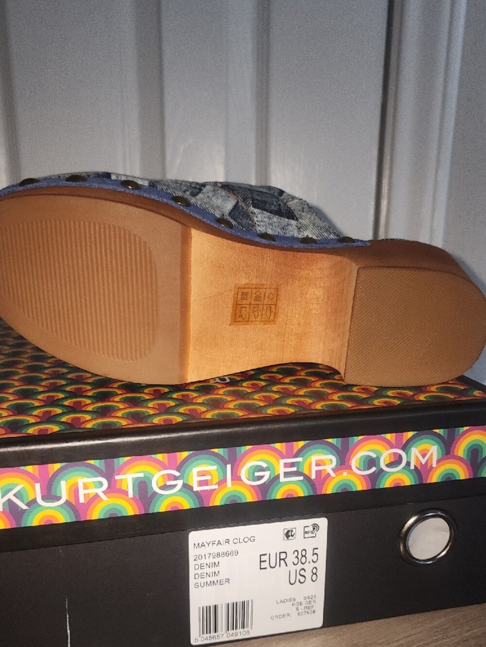 Kurt Geiger Denim-Patterned Clog with Gold Buckle - Picture 9 of 9